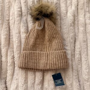 A&F Tan Knit Beanie with Faux Fur Pom
